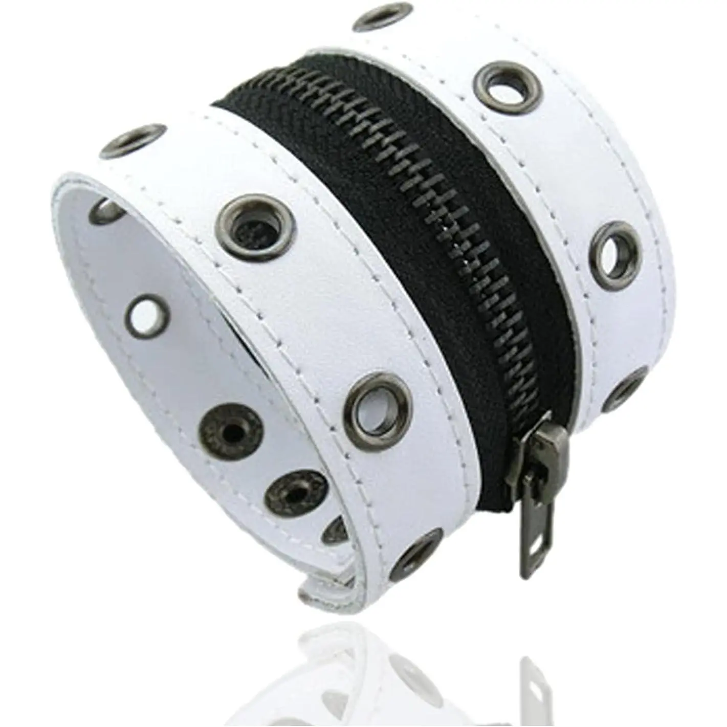 Punk Alloy Zipper Wristband Pu Leather Cuff Bracelet,7 1/2 wrist