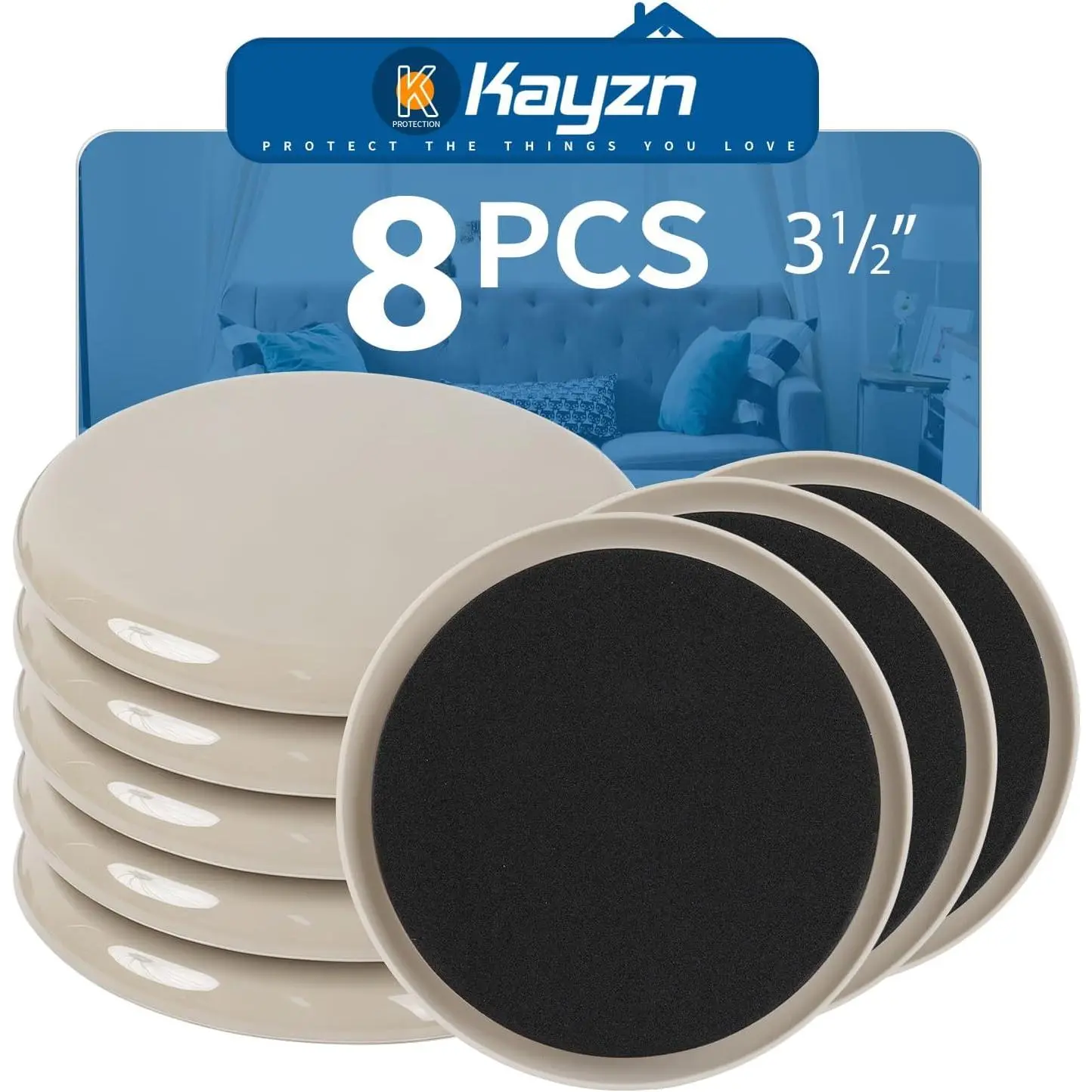 8pcs 3.5in Plastic Furniture Sliders - Heavy Duty Round Sliders with Push/Pull Grip for Moving Living Room Couches, Beds, Armoires, Dressers on Carpet
