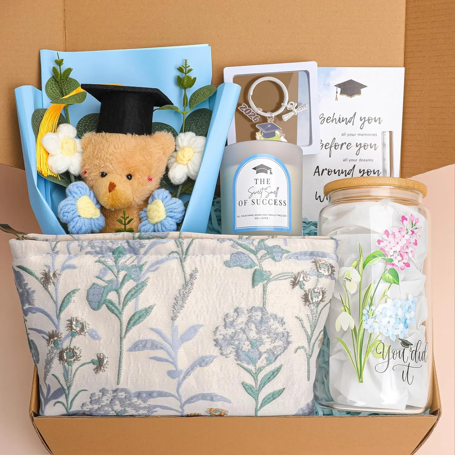 Graduation Gift for Her 2026,Grad Gift Set with Doctor Bear Bouquet, 16oz Cup, Makeup Bag, Candle, Keychain & Card,College High School Graduation Gifts for