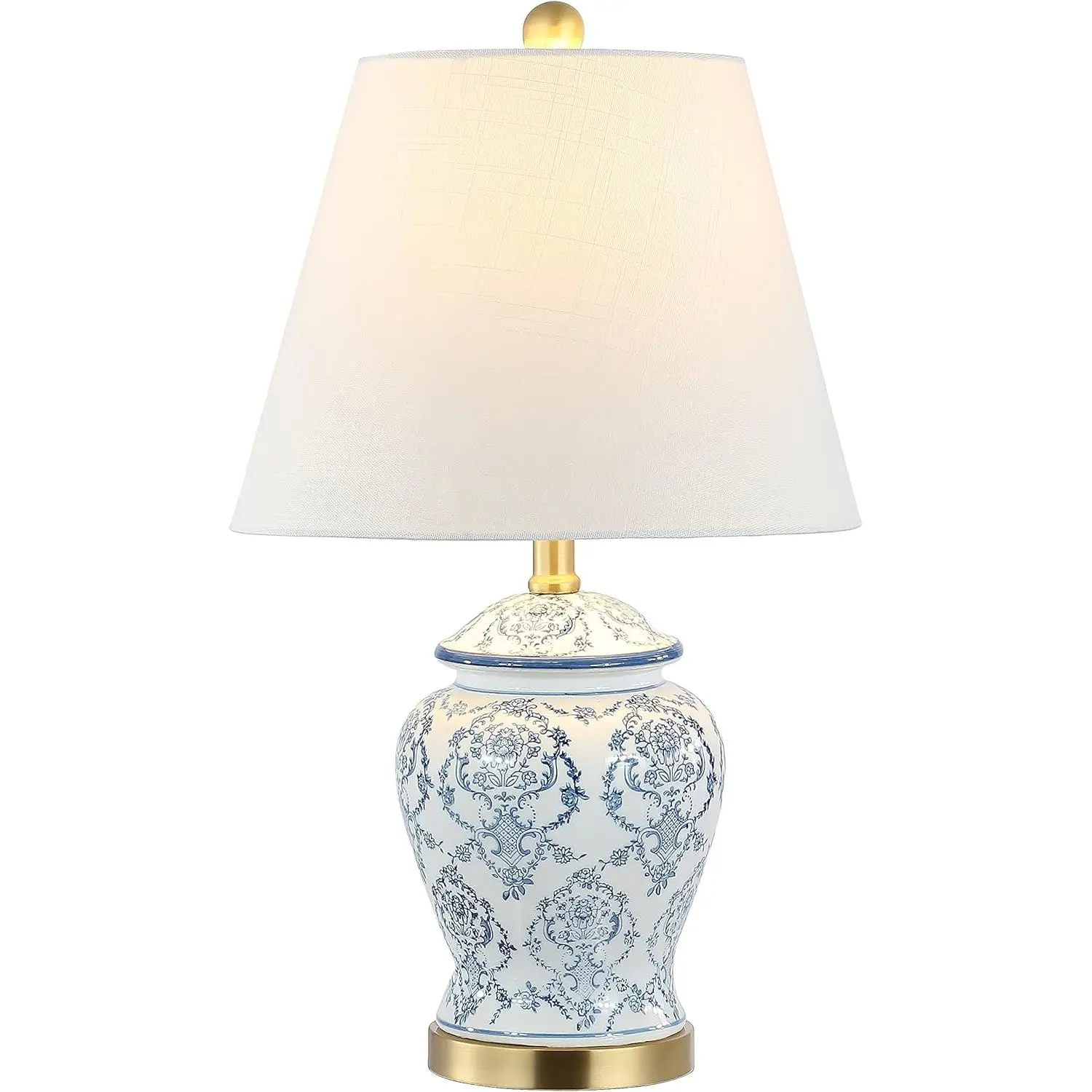 22.25" Corded Blue/White Chinoiserie Ceramic Round Urn Table Lamp, 120V Traditional Classic Nightstand Lamp with White Linen Shade, Included LED Bulb JYL3085A (for Living Room, Bedroom), Table Lamps