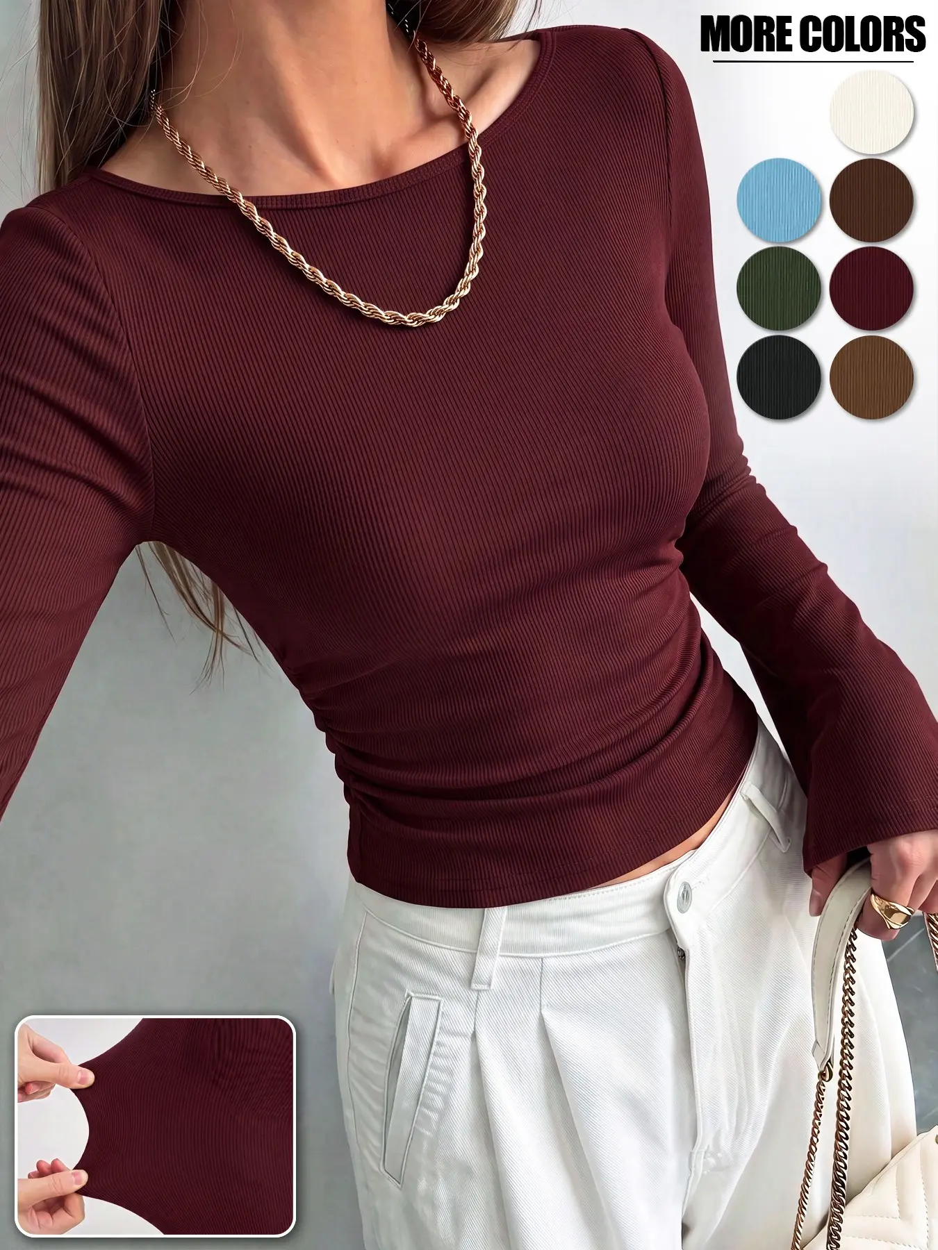 Women's Autumn Lightweight Knit Top, Ribbed Boat Neck Flared Sleeve Pleated Blouse, Soft Stretchy Long Sleeve Base Layer for Everyday Wear, Commuting & Outdoor Activities