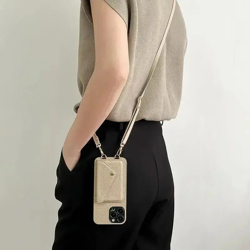 Leather Lanyard Crossbody Strap Phone Case with Card Holder Wallet - Abrasion-Resistant, Anti-Drop, Dustproof, Easy-Install Mobile Accessory for iPhone 17 16 15 Plus 14 13 12 11 Pro Max (Simplified Installation)