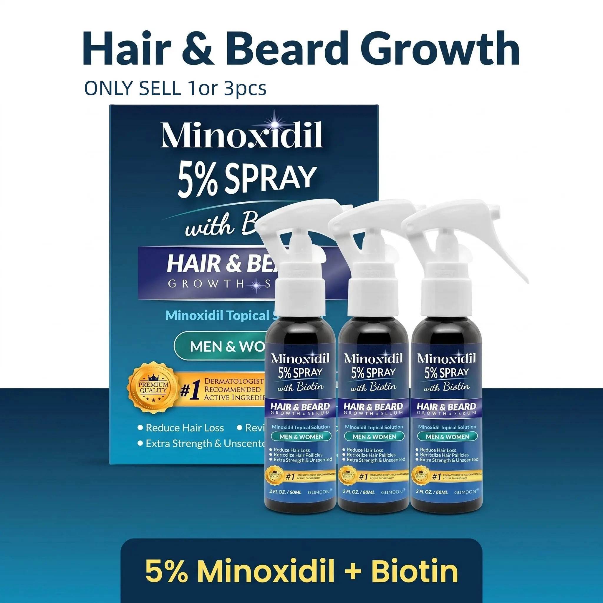 1，2，3Pcs, 5% Minoxidil Spray, With Biotin, Hair And Beard Care, Topical Scalp Solution, For Daily Scalp Care, Unscented, 60ml Each, ViralHairCare, ScalpCare, HairGrowthSpray, BeardCare, Hair Growth Stimulator