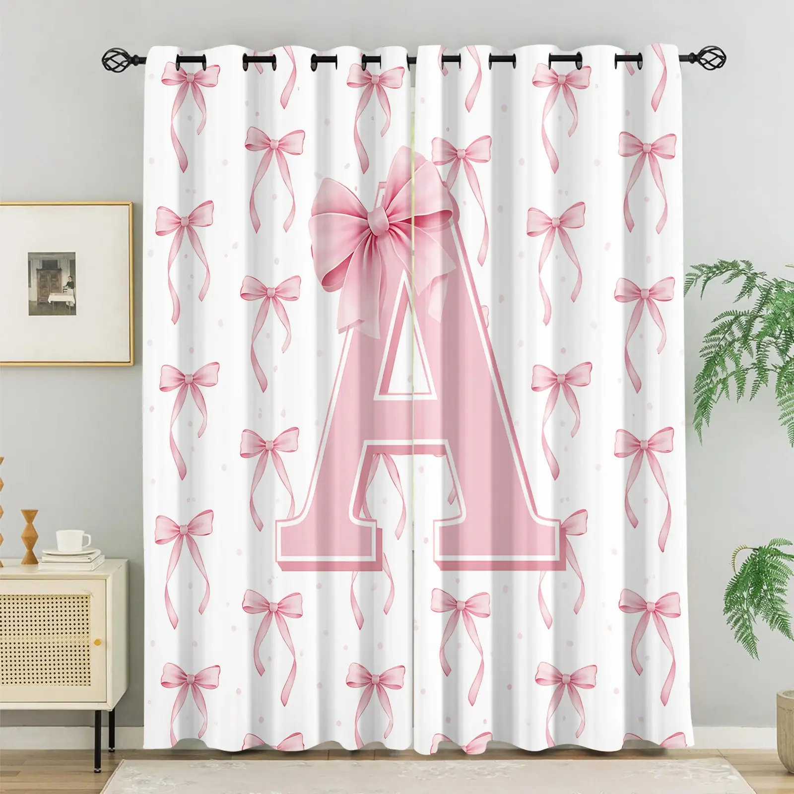 2 Panels Coquette Pink Bow Initial A Blackout Curtains, Girly Preppy Bow Knot Curtains, Pink Window Treatments with Grommet Top, For Teen Girls Home Decor, Home Decoration Curtain, Ready Made Curtains