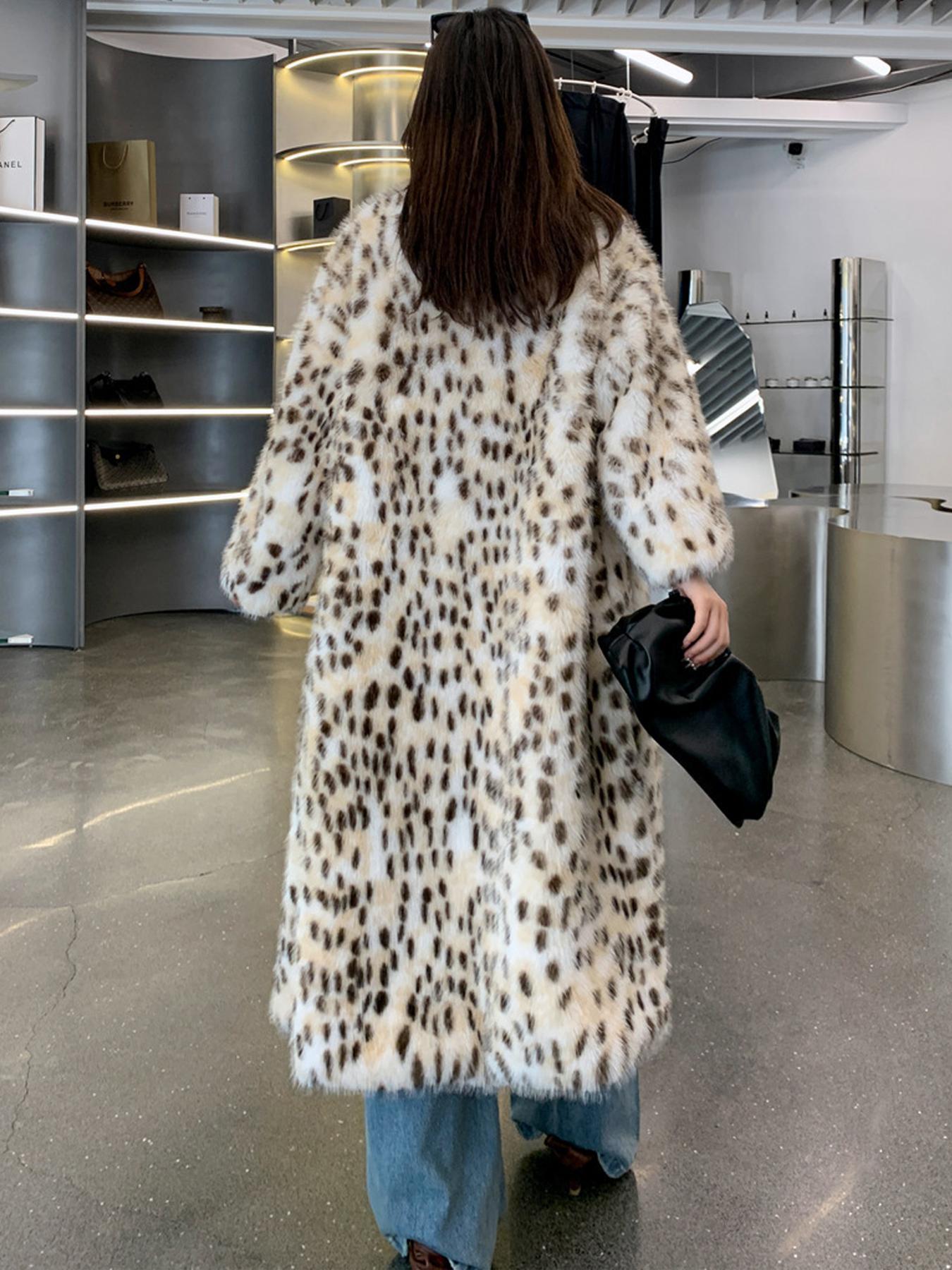 Women's Leopard Print Faux Fur Coat, Casual Long Sleeve Waterfall Collar Fuzzy Soft Coat for Fall & Winter, Women's Clothing for Daily Wear