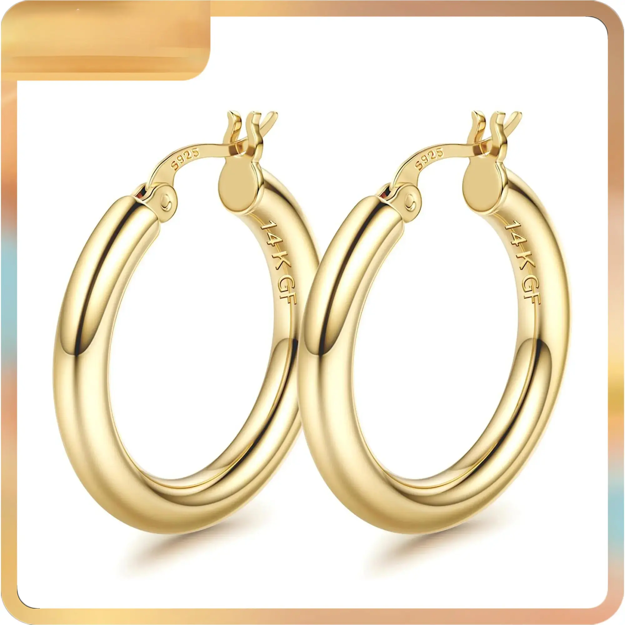 14K thick gold earrings for women, featuring 925 sterling silver ear posts, hollow tube design, and an earring thickness of 4mm. Made from hypoallergenic material, they are lightweight. Available in sizes 25/30/40/50/60/70mm to suit variou,s,elegant,daily