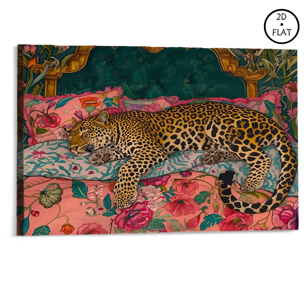 Vibrant exotic canvas wall art with emerald tropical floral jungle printed design matching vintage leopard print bedding set, jungle style decorative artwork for bedroom home walls church decor unique art decoration