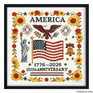 USA 250th Anniversary Cross Stitch Kit 1776-2026 – American Flag Eagle Liberty Bell Patriotic Embroidery Kit, DIY Needlepoint Wall Art for Home Decor