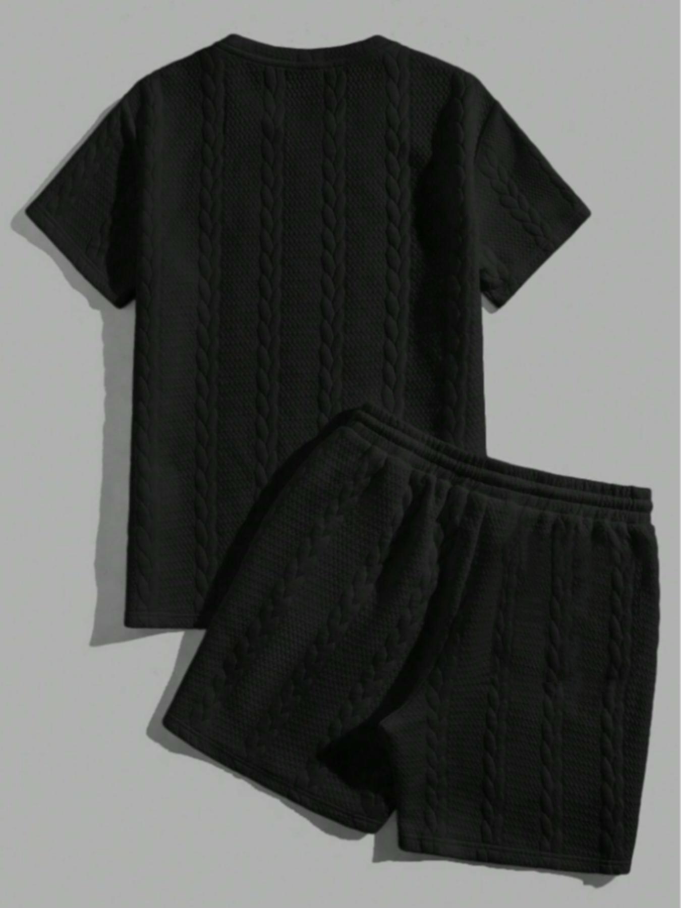 Men's Solid Textured Patched Tee & Drawstring Waist Shorts Set, Regular Fit Casual Round Neck Short Sleeve T-shirt & Pocket Shorts, Men's Summer Clothes