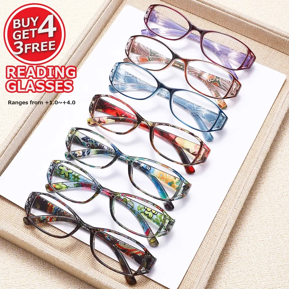 7-Piece Simple Rectangular Floral Small Frame High Quality Eyewear Blue Light Blocking Reading Glasses, Multi-Degree Eyeglasses for Middle Aged and Young Adults