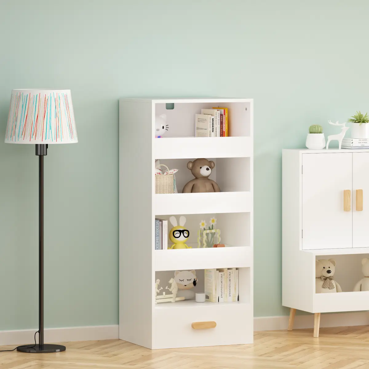White Vertical Rectangular MDF 4-Tier Storage Cabinet 18.9"L*14.96"D*42.13"H Space Saving Drawer Bookshelf with 3 Small Slide Drawers & Large Bottom Pull Drawer Multi-Purpose File Toy Organizer For Study Bedroom Office Living Room Home