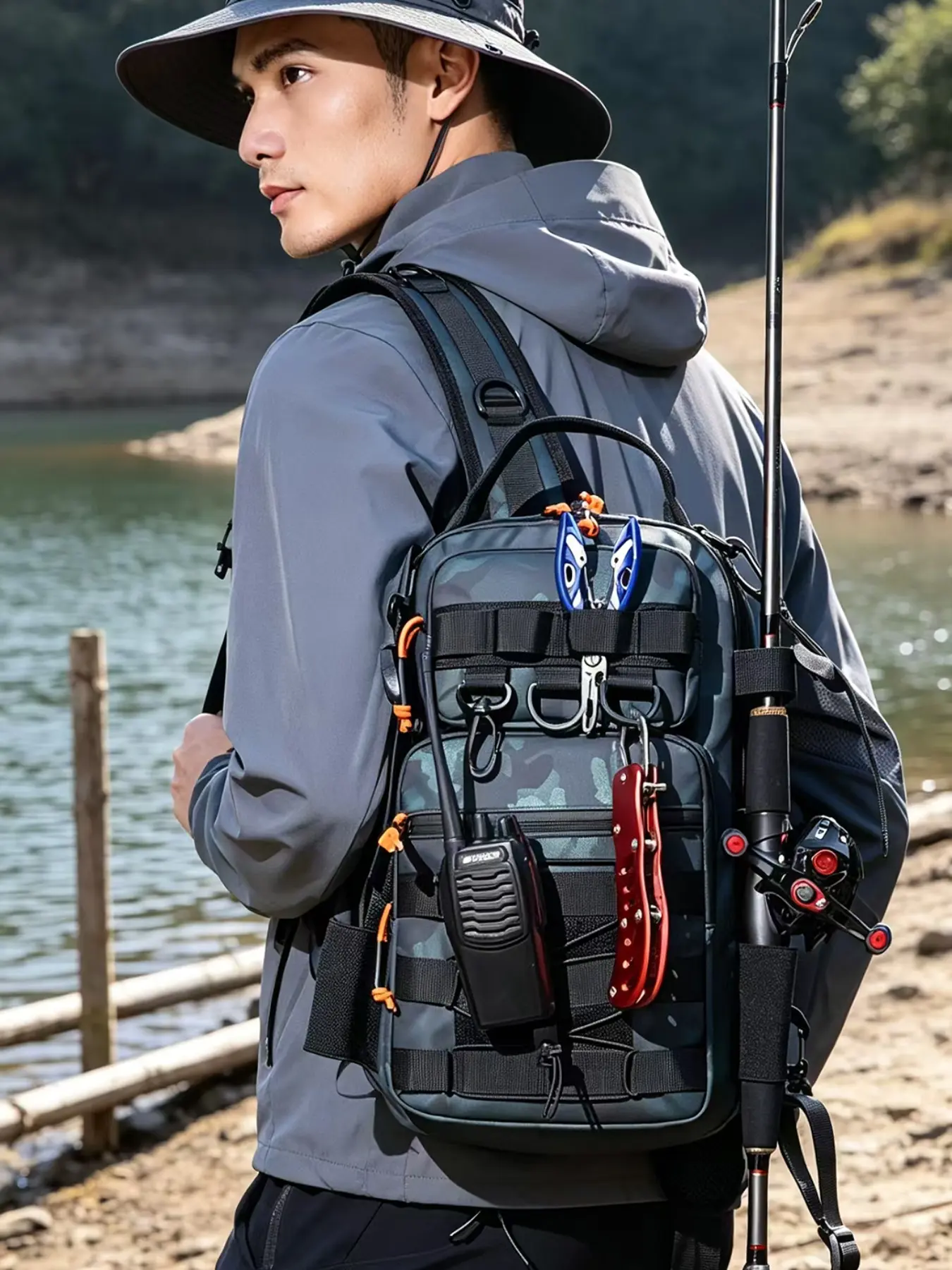 Multi-Functional Fishing Backpack, Large Capacity PU Material, Multiple Compartments, Padded Shoulder Straps, Camouflage Design, Ideal for Camping and Fishing Trips