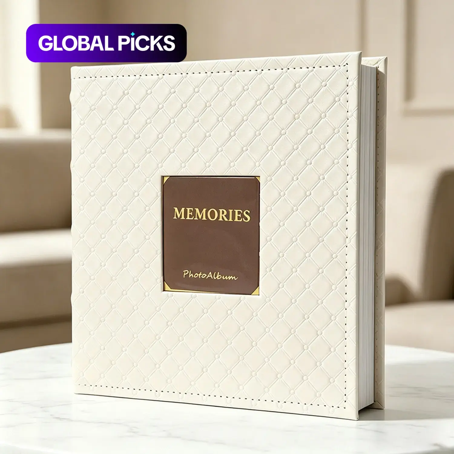 Elegant Leather Photo Album, Quilted Cream Memory Book with Window Cover, Holds 200 Photos, Ideal for Weddings, Family, Baby Shower, Anniversaries #GLOBAL PICKS