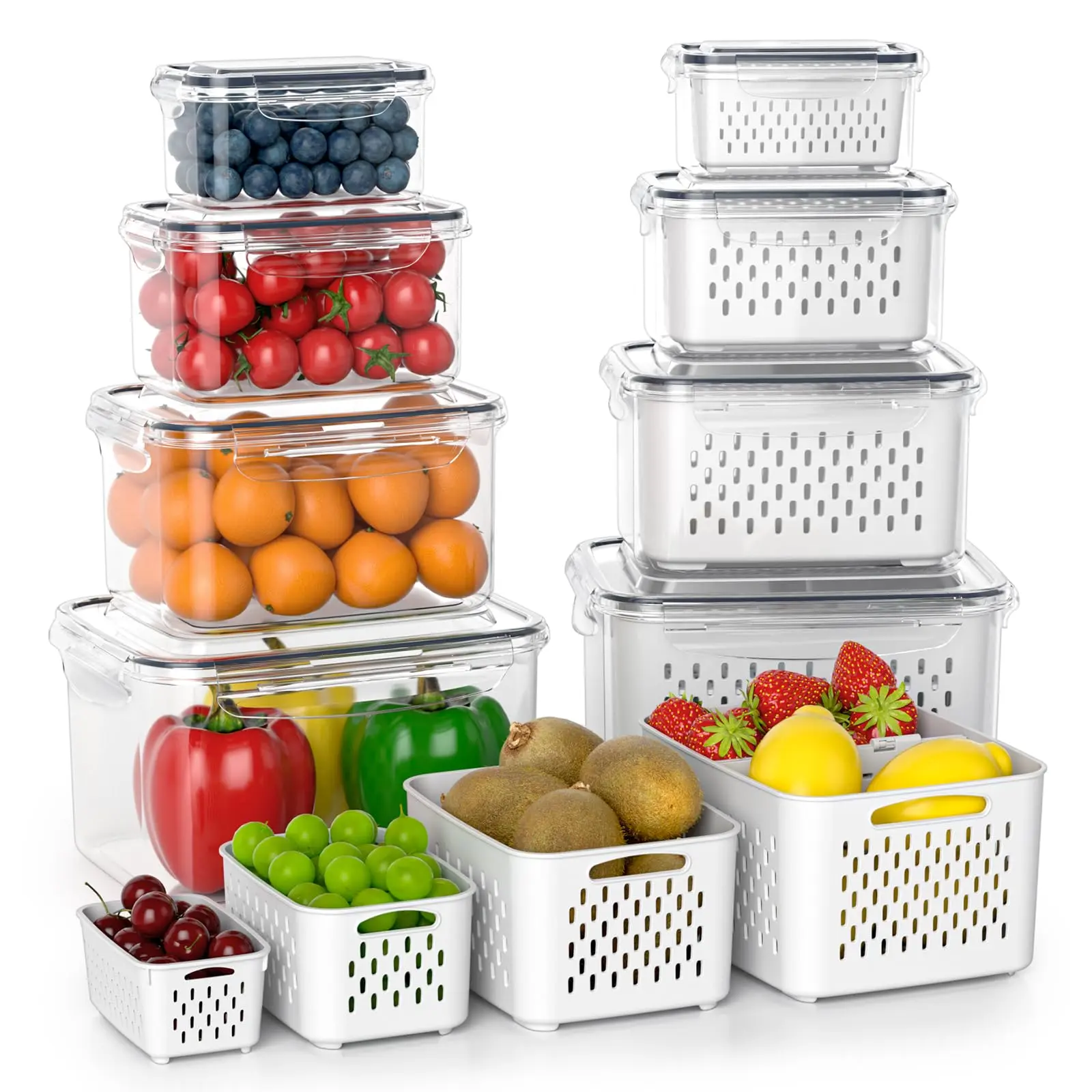 Airtight Fruit Storage Containers for Fridge (4 Pack) - Kitchen Preserving Containers with Removable Colander, 2-Function Divider Plate, Dishwasher Safe
