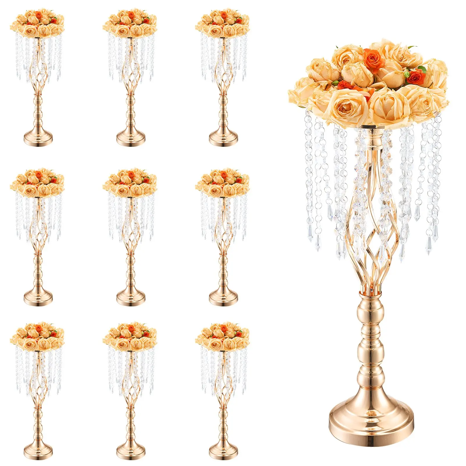【Summerfinds】VEVOR 10PCS 55cm/21.65" Tall Crystal Wedding Flower Stand, Metal Wedding Centerpiece Vase, Gold Flower Holders Floral Display Rack for Tables Wedding Dinner Party, Ceremony Birthday Event Decor