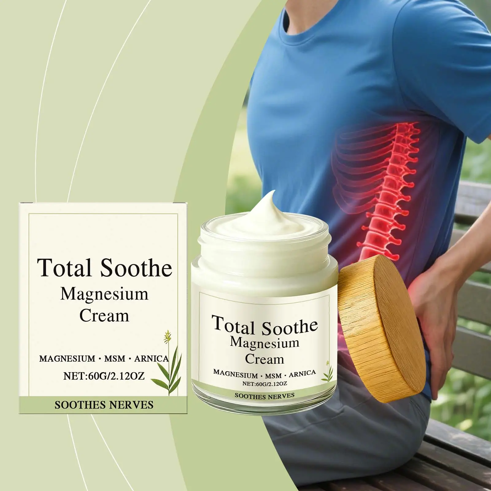 Total Soothe Antibacterial Magnesium Massage Cream with MSM & Arnica - Leaf & Bee Plant-Based Body Care Lotion for Wrists, Knees - Moisturizing, Nurturing Herbal Topical Skin Care Relief Cream