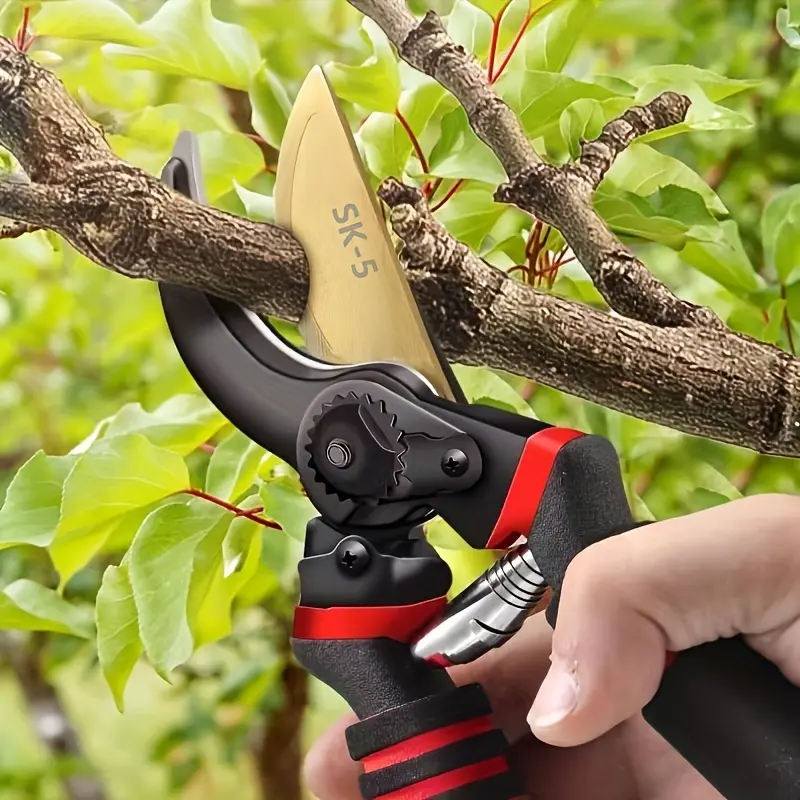 Professional carbon steel pruning shears with sharp SK-5 blades and comfortable grip, a tree trimmer ideal for home gardens and floral arrangements