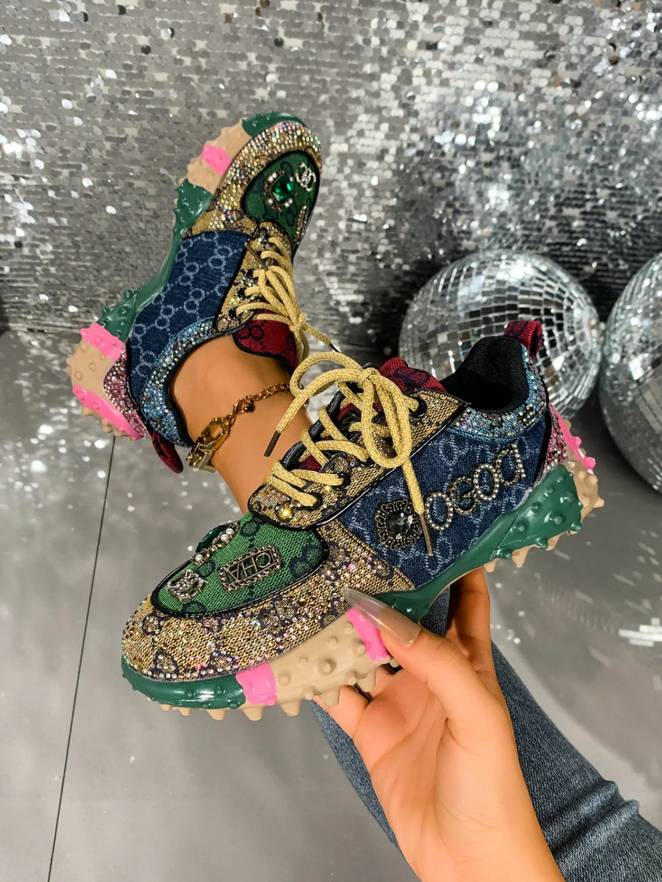 Women's Comfortable Thick Sole Rhinestone Shoes, Casual Streetwear Athletic Sneakers, Textile Upper, Non-Slip Rubber Sole, All-Season