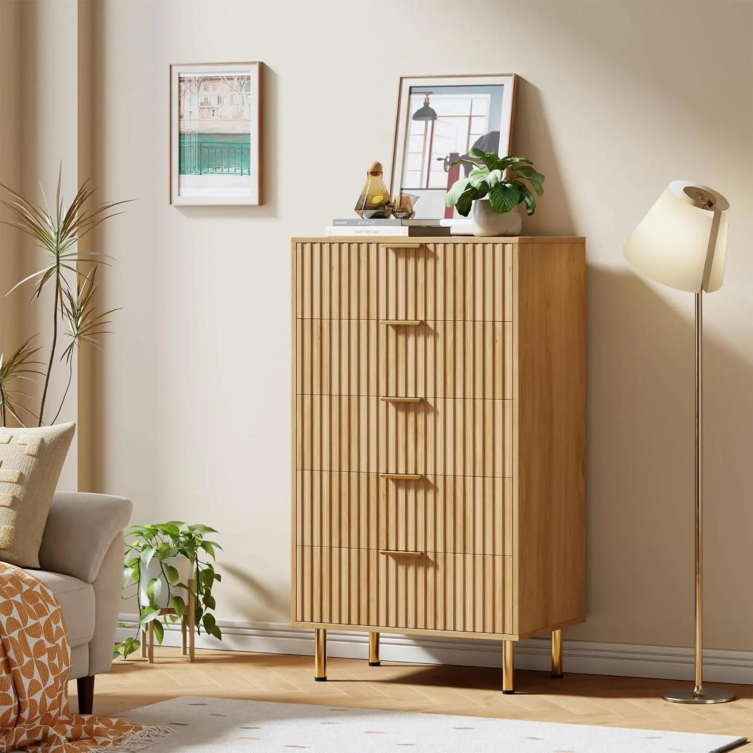 Modern Fluted 5 Drawer Dresser for Bedroom, 47.95" Tall Chest of Drawers with Deep Drawers and Wide Top, Sturdy and Stable Wooden Storage Cabinet for Living Room, Hallway