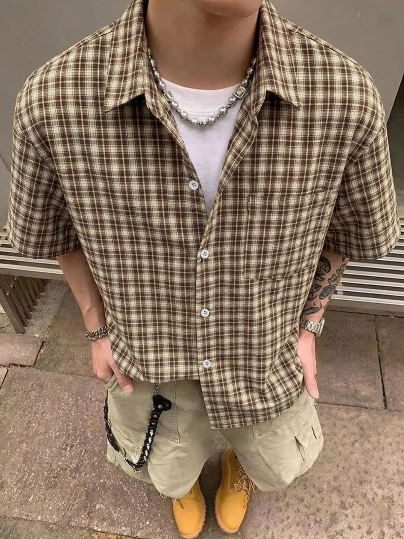Unisex Brown & Yellow Plaid Checked Oversized Short Sleeve Button Front Shirt American Vintage Streetwear Casual Button-Up Top