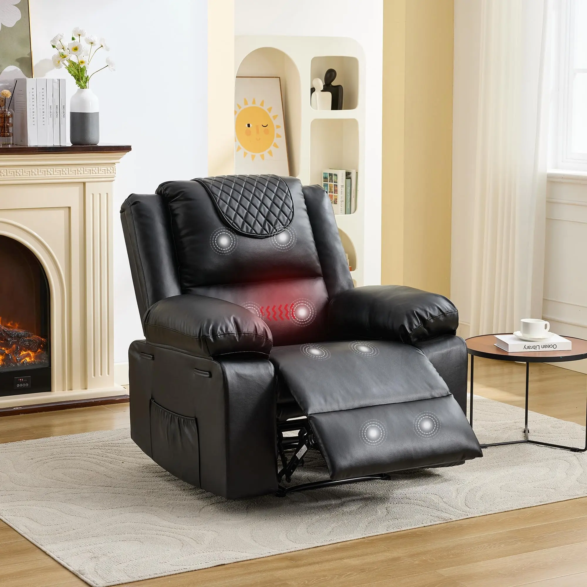 Hosslly PU Leather Manual Adjust Recliner Sofa - Vibrating Heating/Massage Functions, 135° Front-Rear Adjustment, Side Storage Pockets, Remote Control, Suitable for Living Room, Bedroom