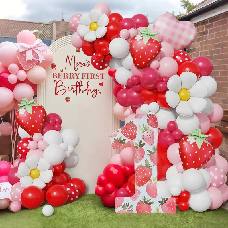 137 Pcs Strawberry Balloon Garland Arch Kit, Balloon Arch Set, Strawberry Cherry Orange Foil Balloons, Party Decorations for Birthday, Wedding, Baby Shower, Gender Reveal with Balloons & Girl Princess Themed Parties