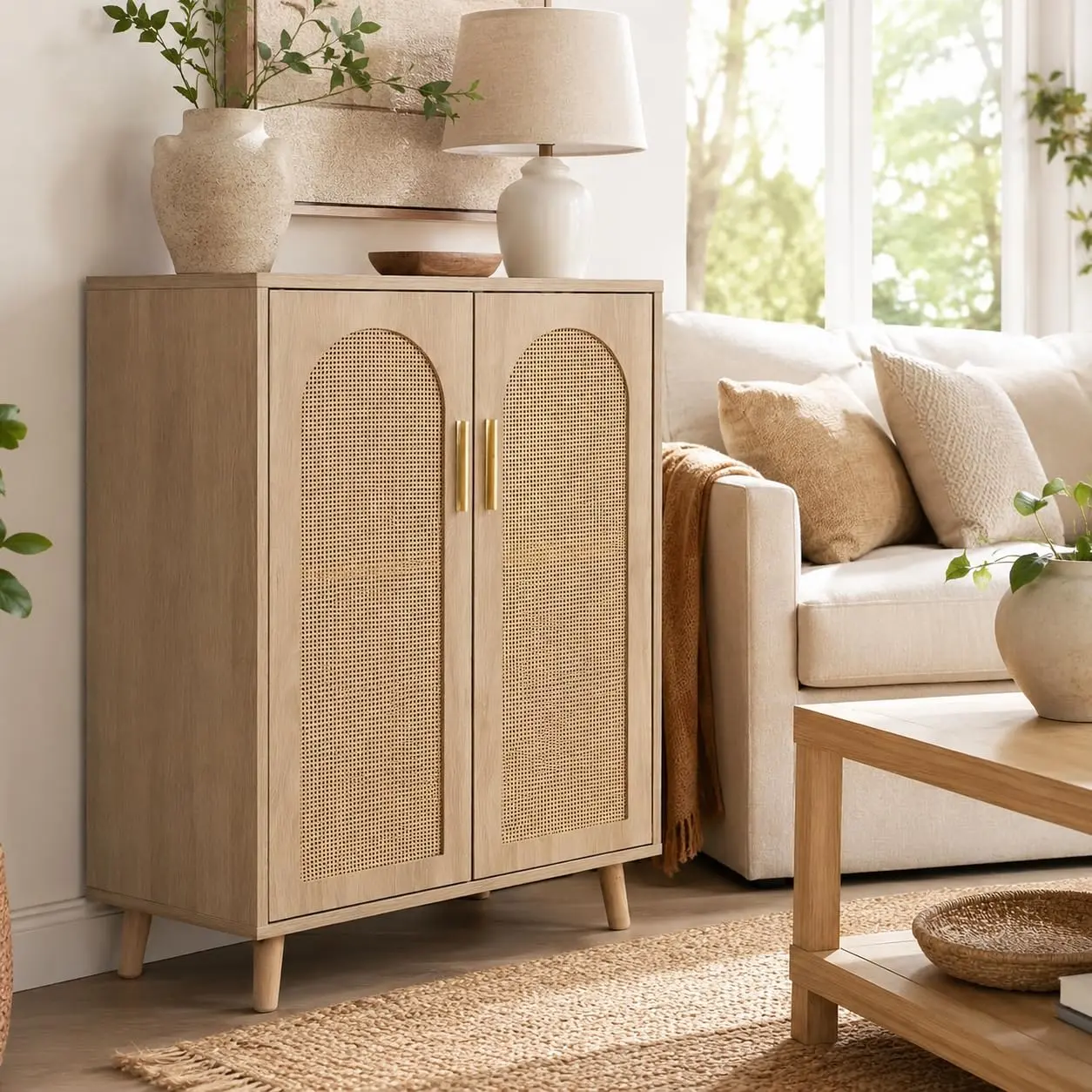 Tall Entryway Storage Cabinet with Curved Rattan Doors, French Sideboard for Hallway & Foyer, Freestanding Wood Organizer with Shelves