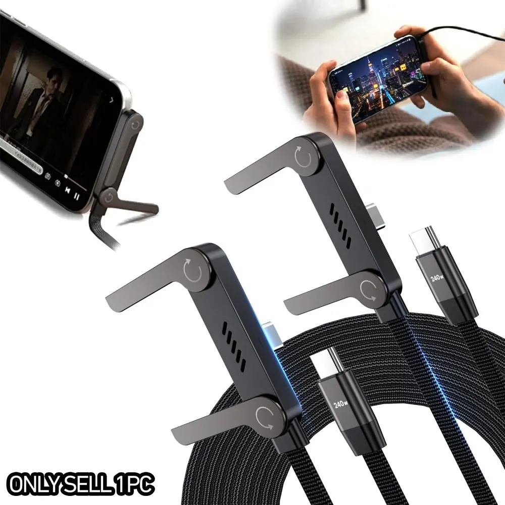 Two-In-One Hidden Stand Charging Cable, Type-C 240w Fast Charge Data Cable, Nylon Braided, Durable, 360° Foldable Stand, for Phone, Tablet, Laptop