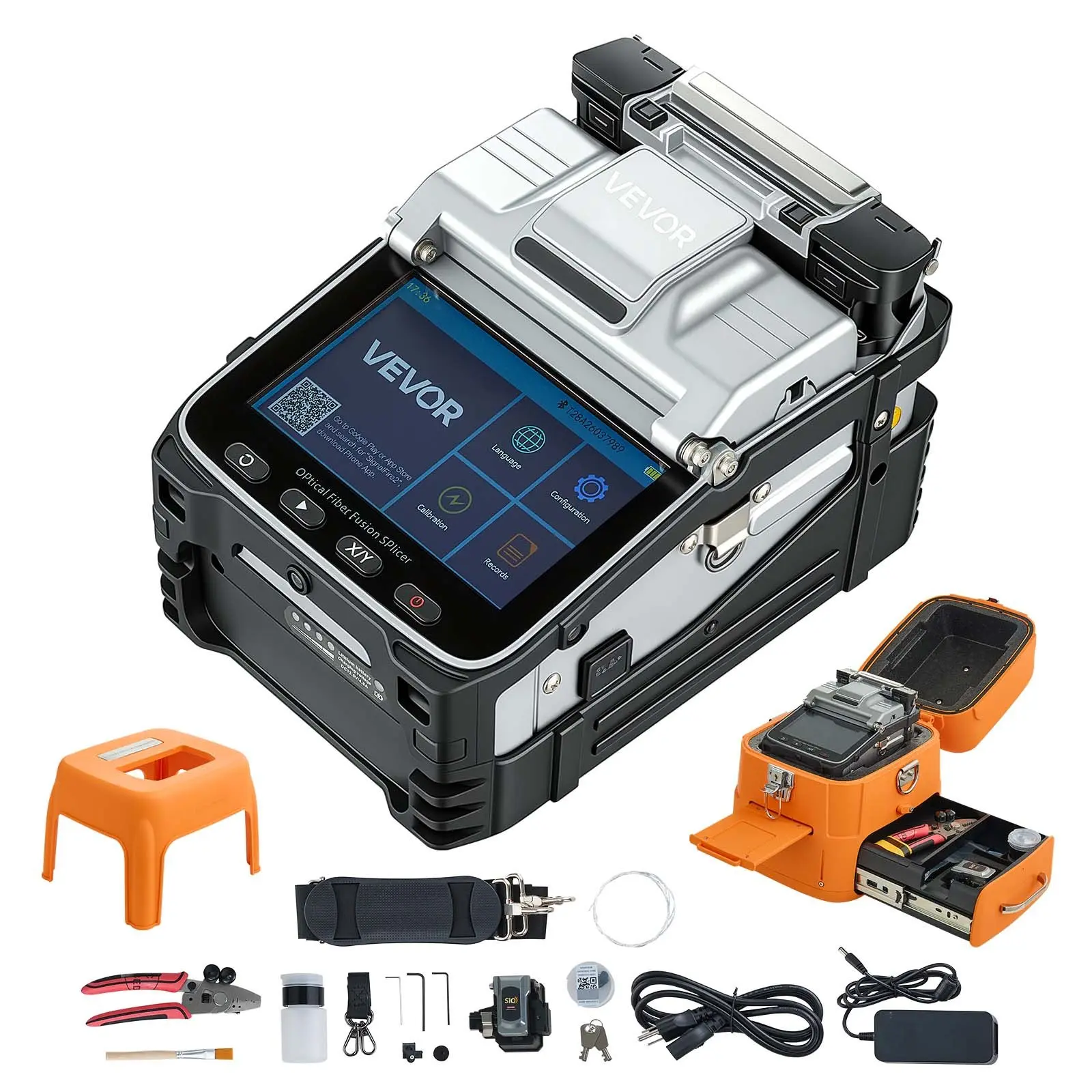 VEVOR Fiber Fusion Splicer 6 Motors with 6s Splicing & 15s Heating, 7800mAh Core Alignment Fiber Optical Splicer, 5" Touch Screen, 3 in 1 Fiber Holder, App Bluetooth Connectivity for SM MM DS NZDS