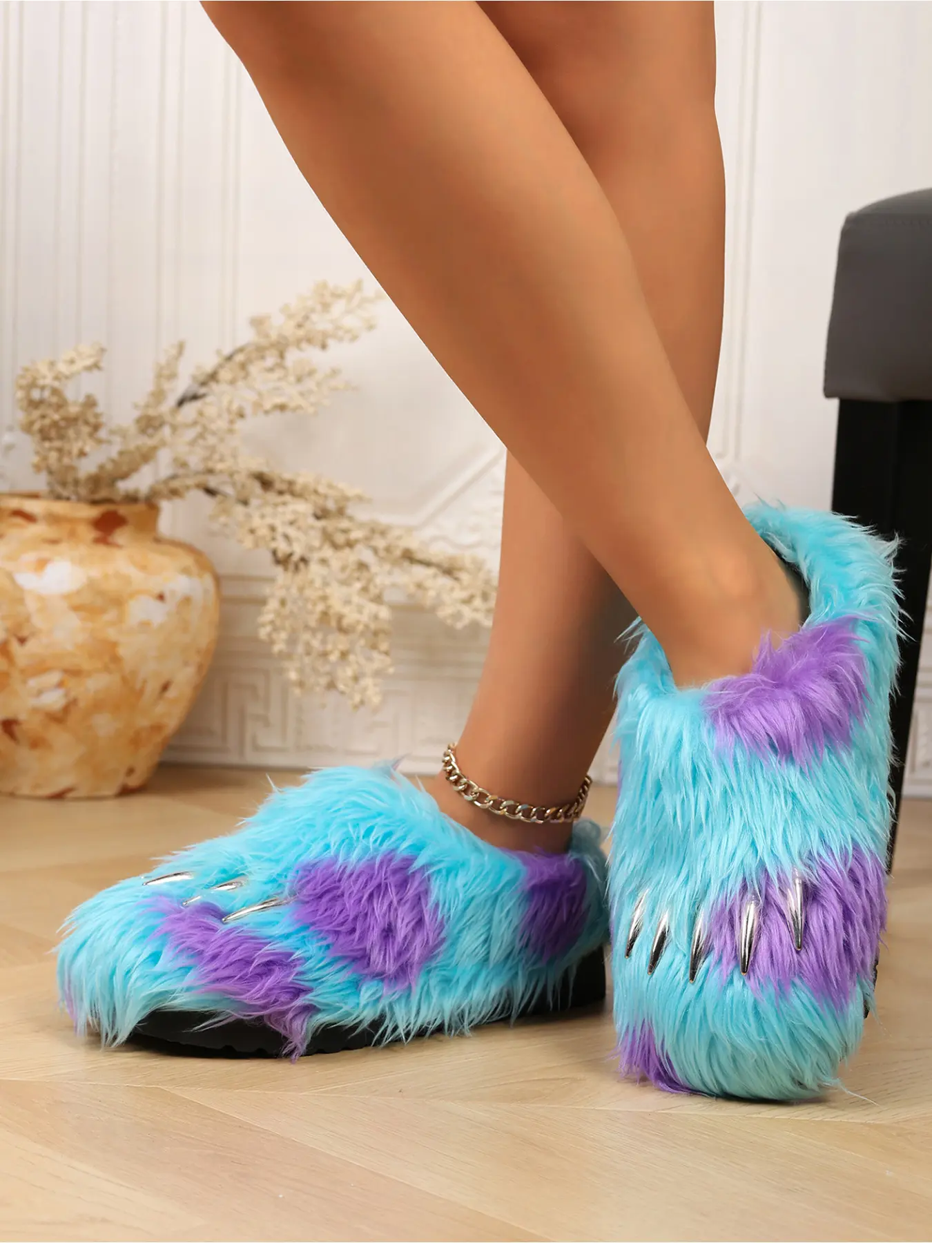 Halloween Costume & Daily Loungewear Blue Purple Color Block Shaggy Monster Paw Slip On Mule House Slippers