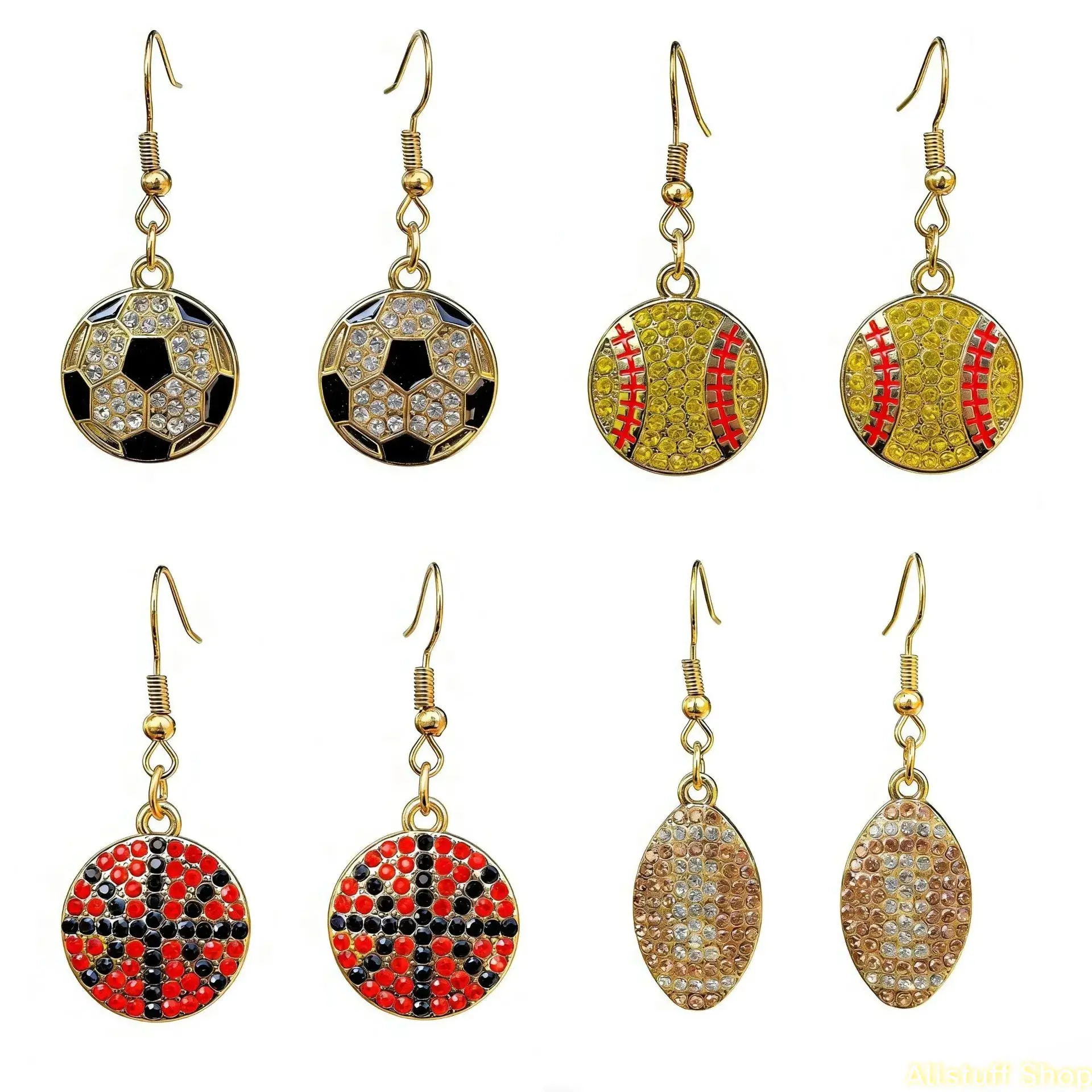 Women's 4-PCS Rhinestone Spherical Dangling Earring Set - Sports-Themed Basketball, Soccer, Baseball Shapes, Secure Fishhook Closure, Unique Sports Accessories, Dangling Earrings, Earring Stacks, High Quality Earrings