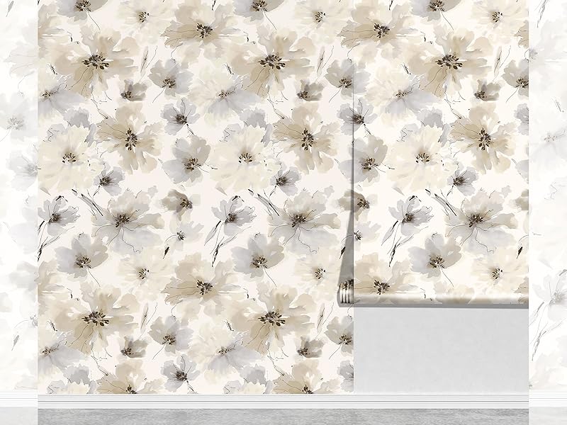 Floral Peel and Stick Wallpaper, Beige Yellow Watercolor Flower Contact Paper Peel and Stick for Bedroom, Vintage Removable Waterproof Self Wall Paper 118 x 17.3in, 14.4 sq.ft