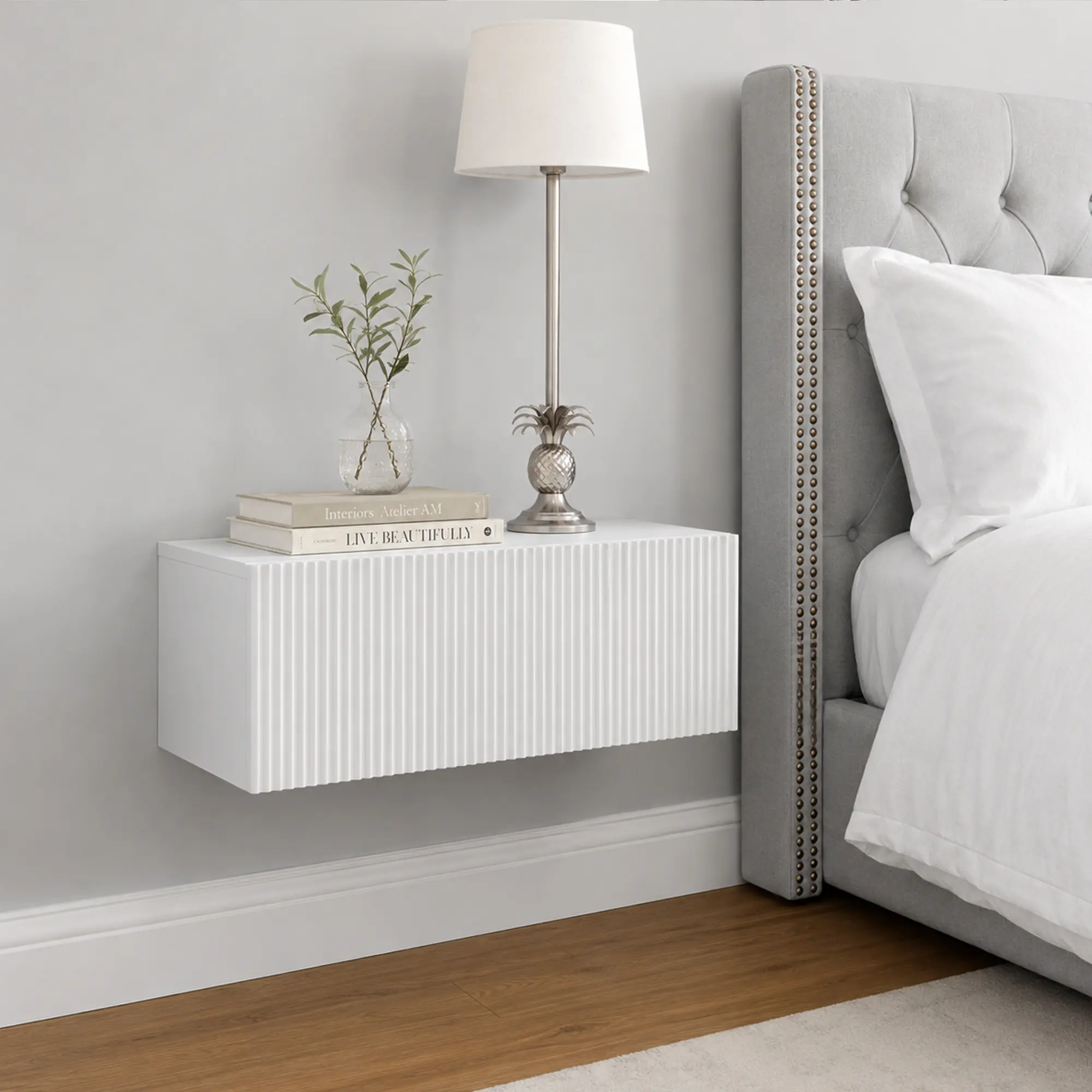 ARCH Modern Compact Floating Mount Vanity Table - Wall-Mounted Design with Drawer, Hand-Crafted Fluted MDF Ribbed Texture White Finish, Bedroom Nightstand & Bathroom Storage Desk, 15.75x23.62x8.67in