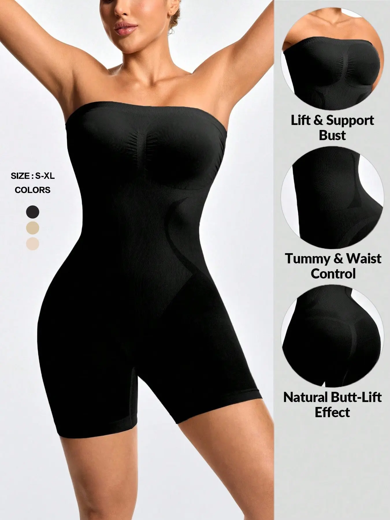 Ruched Bandeau Shapewear Jumpsuit for Women, Faja Body Shaper, Tummy Control Butt Lifter, All Seasons Casual Straight Leg Bodysuit, Organic Textile