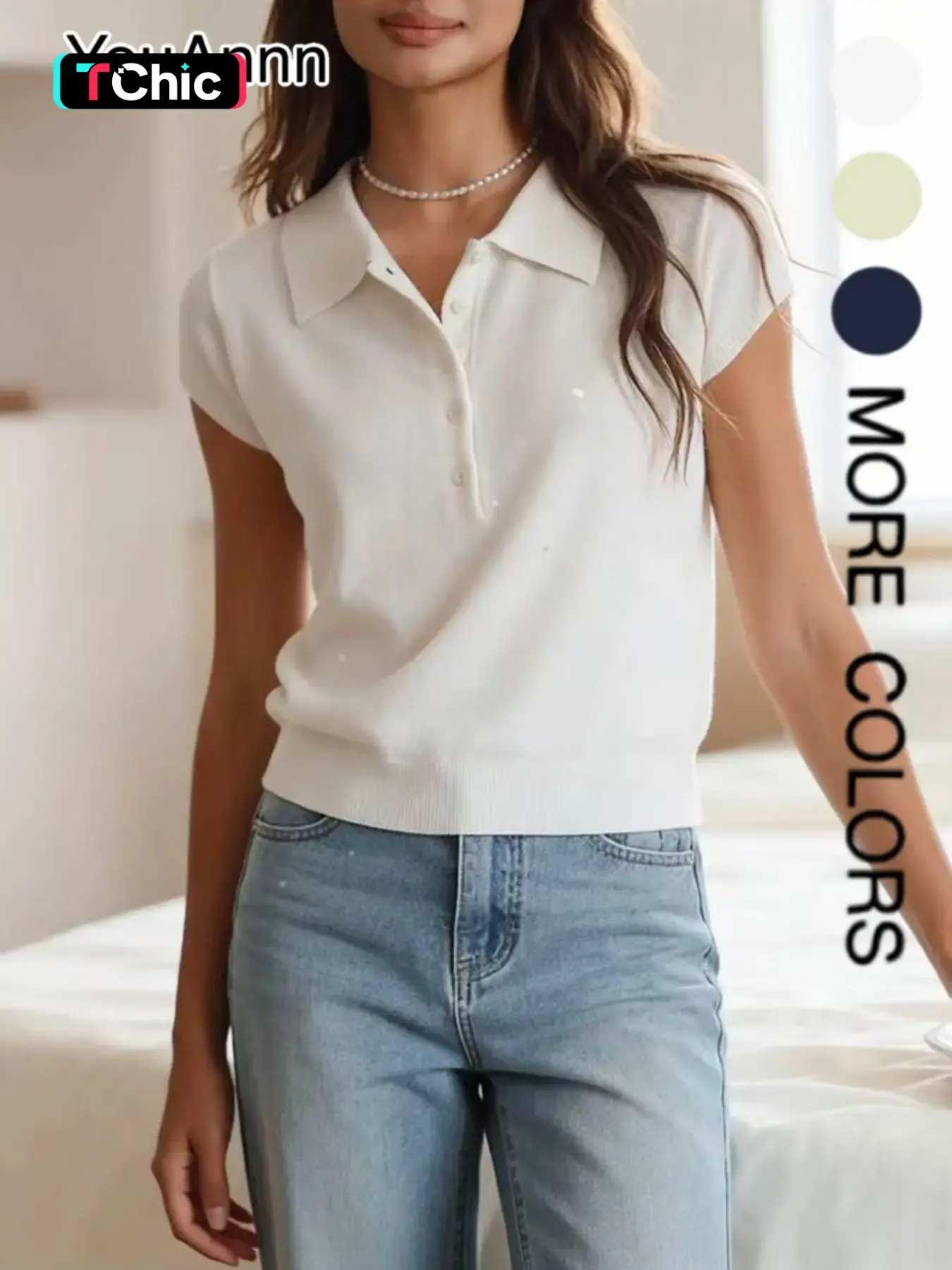 Summer Retro Vintage Basic Polo Neck Casual Top, Short Sleeve Soft Comfort Collared Knit Shirt, Unique Design Collar, Pure Color Commute Slim Fit, Elegant Summer T-Shirt