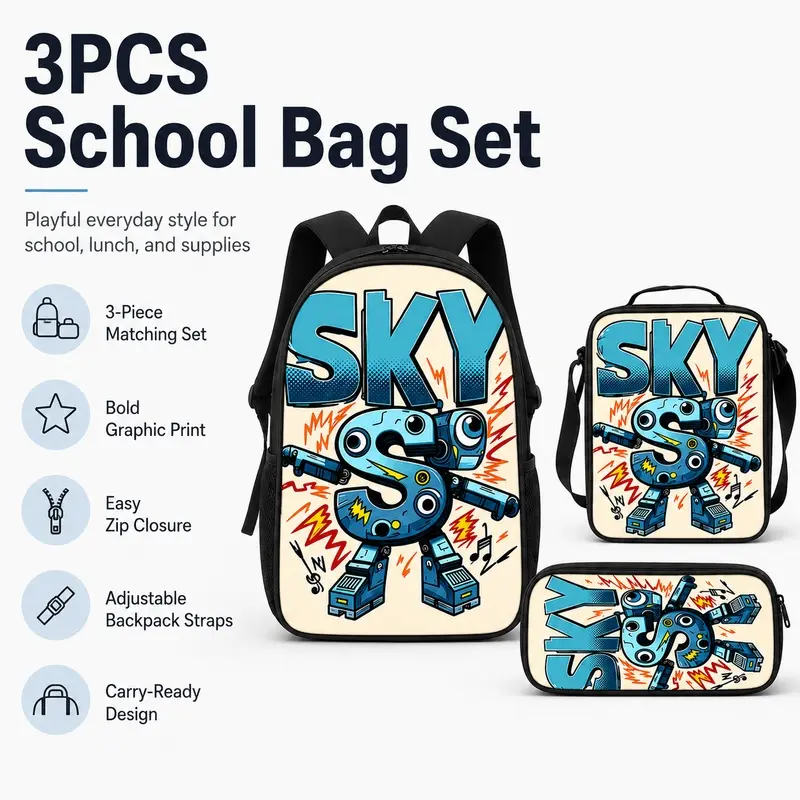 SKY robot-themed backpack three-piece set, including a large-capacity shoulder bag, a small crossbody bag, and a pencil case, featuring a blue and white contrasting retro comic style, suitable for students' daily commuting and travel use