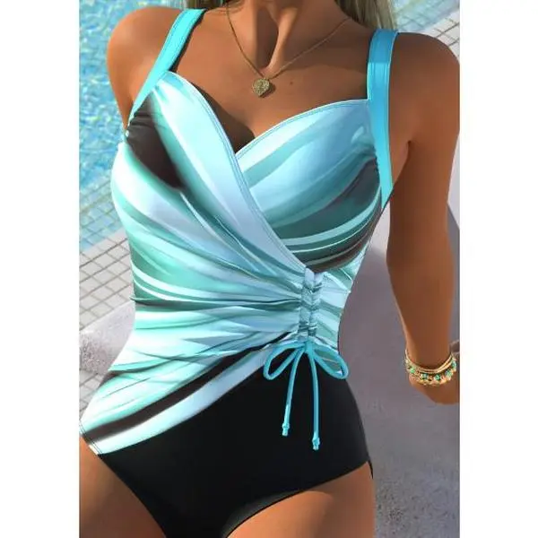 2026 New Gradient Striped One Piece Swimsuit,Women's Color Block Striped One Piece Swimsuit, Wrap V Neck Ruched Drawstring Tummy Control Bathing Suit, Slim Fit Beach Swimwear