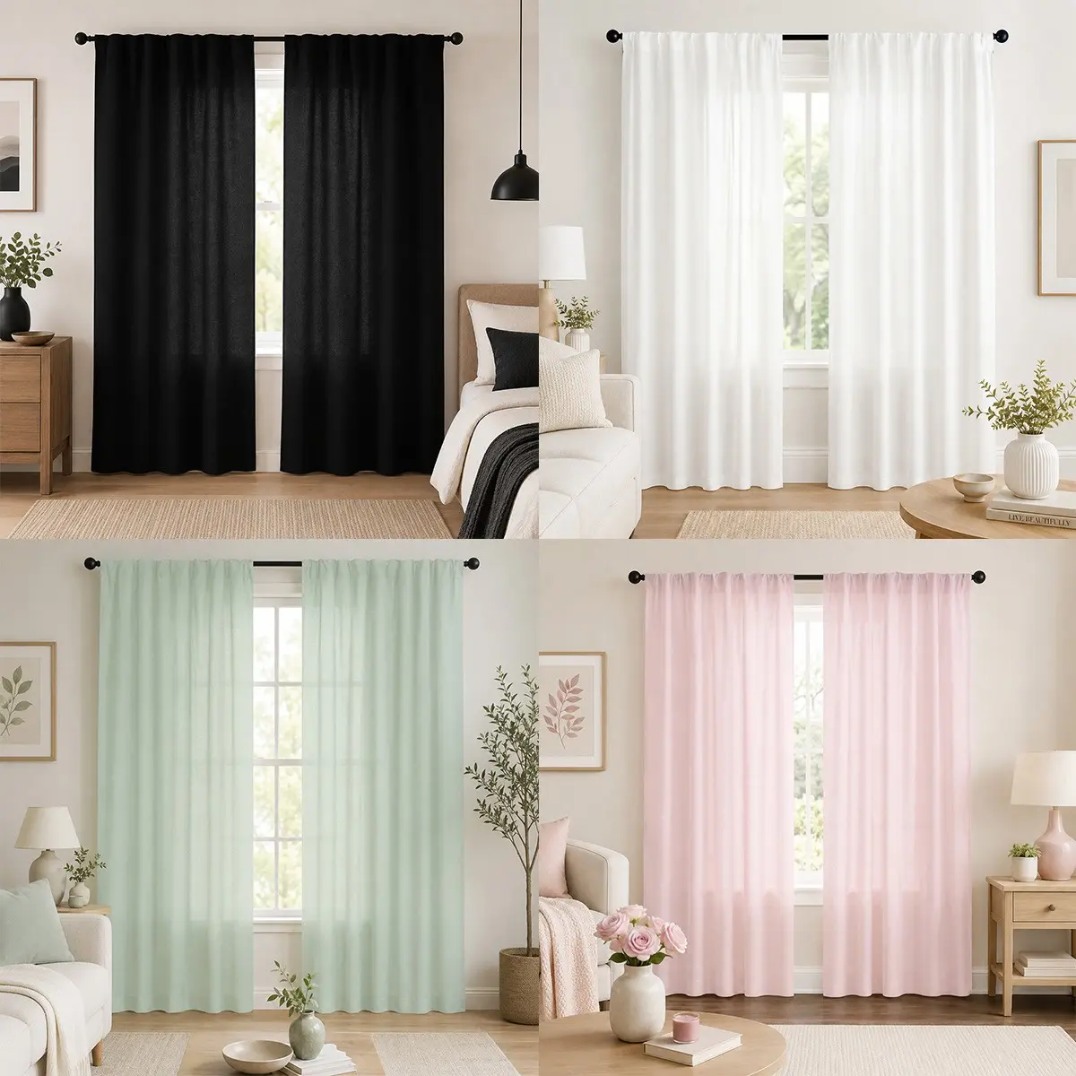 Two-pack of solid-color printed curtains in black, white, light green, and pink. Single-sided print, semi-blackout, rod pocket design. Suitable for bedrooms, kitchens, and living rooms. Multiple sizes available (curtain rod not included) Window Drapes.