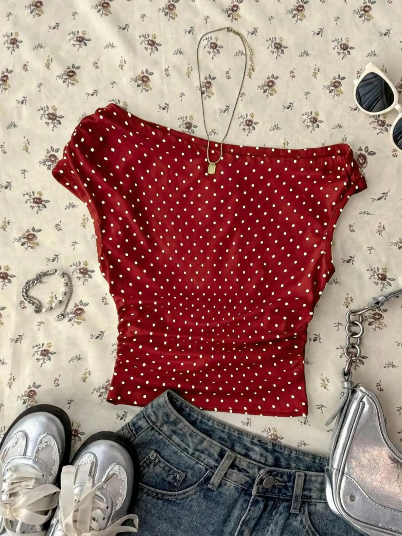 Women's Summer Chic Casual Elegant Off-Shoulder Crop Tank Top, Solid & Polka Dot, Side Waist Ruched Elastic Slim-Fit Sleeveless Top