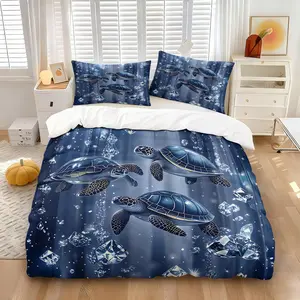 All Season Cool Deep Blue Sea Turtle Duvet Cover Set, Realistic Marine Turtles, Sparkling Crystal & Bubble Graphic, Colorfast Skin Friendly Fabric With Hidden Zipper, Bedroom Fashion Decor, Includes 1 Quilt Cover & 1 or 2 Pillowcases