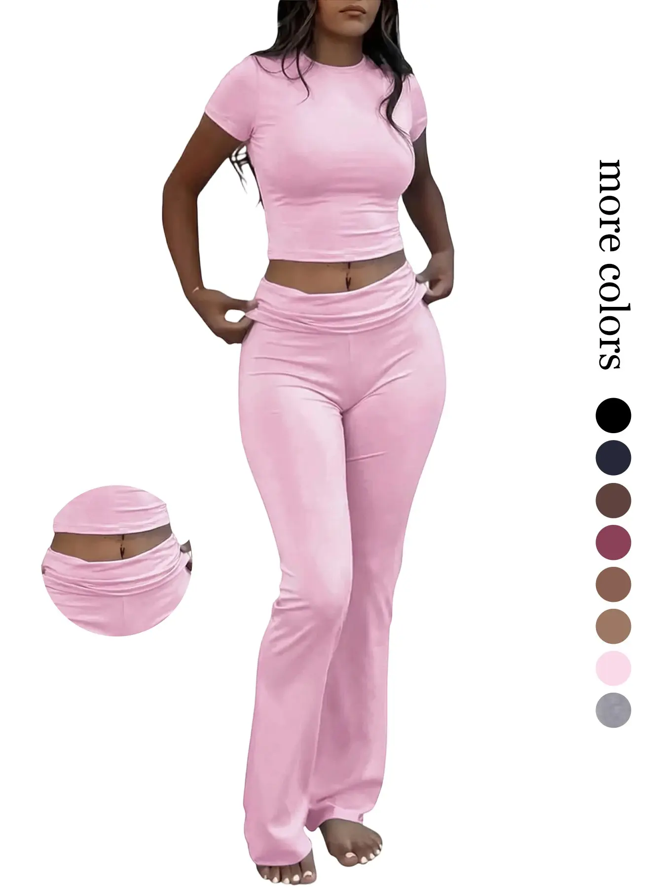 Women's Crew Neck Short Sleeve Slim Fit Cropped Top & High Waist Flare Pants 2-Piece Matching pyjamas pajamas for women, Soft Stretch Casual Sleepwear Loungewear