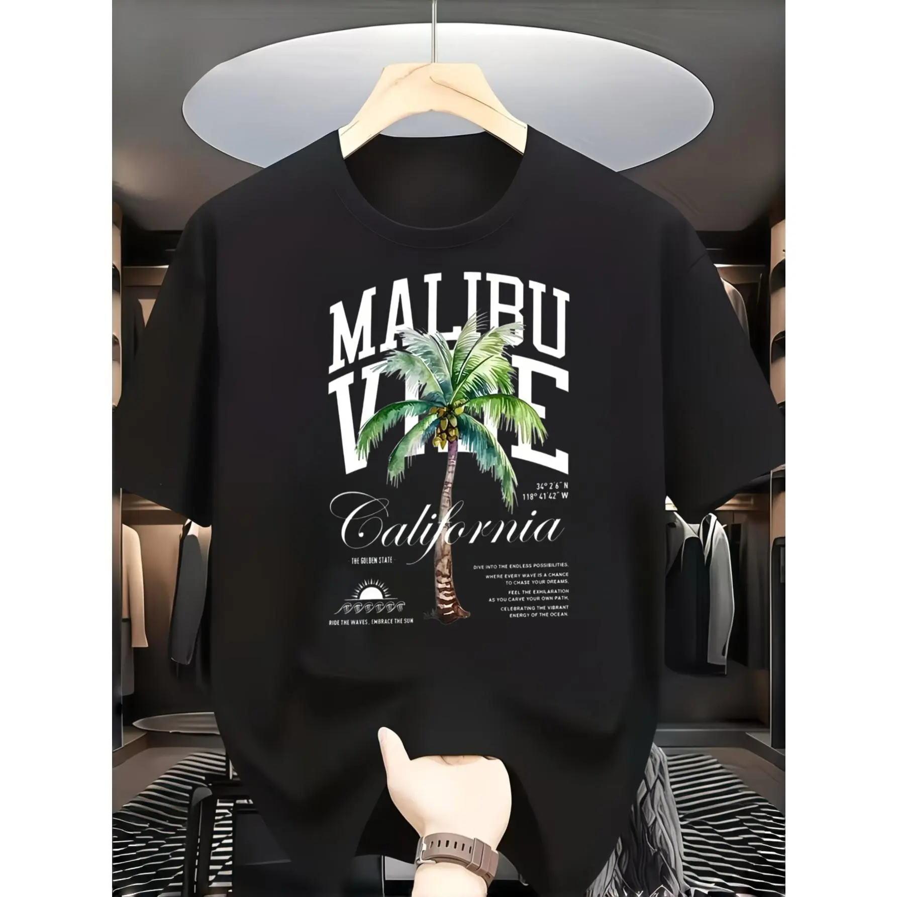 Men's Cotton Crew Neck Tropical T-Shirt - Simple, Stylish Tops, Casual Streetwear, Malibu Vibe California Palm Tree Graphic Print, Summer Beach Vacation Wear, Unisex Boyfriend Gift, Fashion