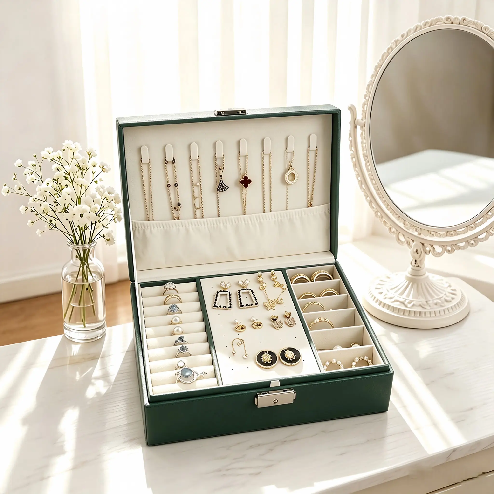 Lockable Dual-Layer Jewelry Storage Box with Lid, Rhombus Leather Jewelry Organizer, Perfect for Necklaces, Earrings, Rings, Bracelets, Ideal Gift