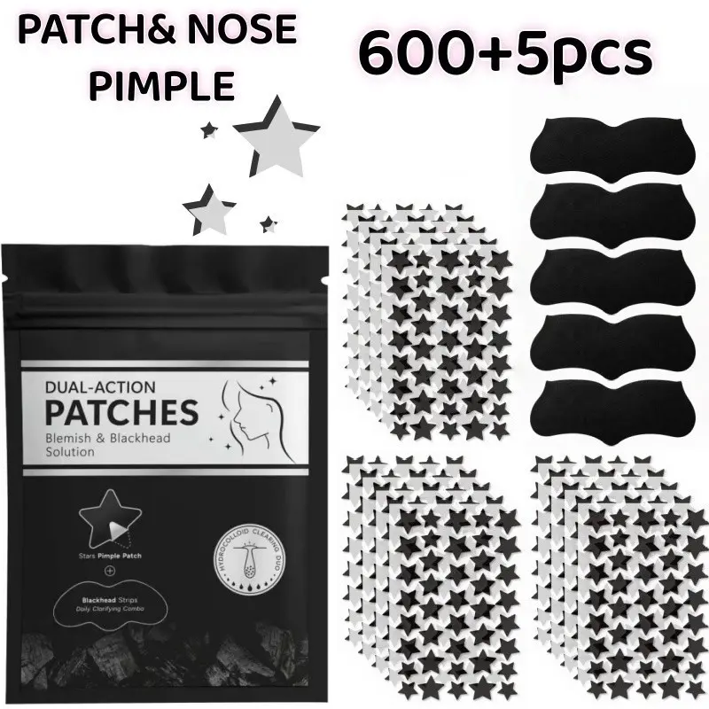 600+5Pcs Black and White Star Hydrocolloid Pimple Patches and Black Nose Strips, 2-in-1 Large Facial Blemish Cover Set for Halloween Parties, Music Festivals and Photo Styling, Acne Patches