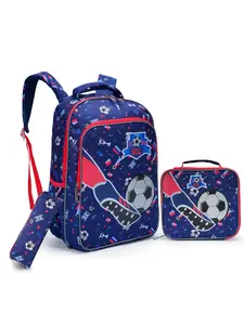 Men's 3-Piece Set Backpack, Blue Cartoon Football Design, Includes Lunch Bag and Pen Case, Night Reflective Lights