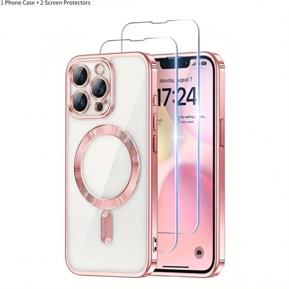 Phone Case - 3pcs [1 Phone Case with 2X Clear Screen Protectors] Luxury Clear Plating Ultrathin Case for Smartphone Iphone 17E/16E Magnetic Lens Film Protect Cover