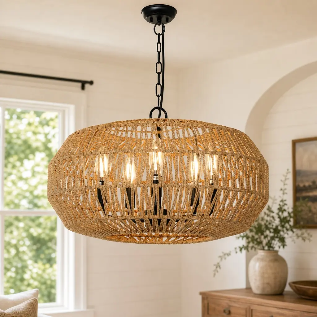 ARCH Farmhouse Rattan Pendant Lamp Decor - 5-Light Design Hand-Woven Natural Rattan & Metal Canopy, Adjustable Height, 40W Per E12 Bulb, Shade for Diffuse Glow, Decorative Atmosphere Lighting for Dining Room, Bedroom, Brown