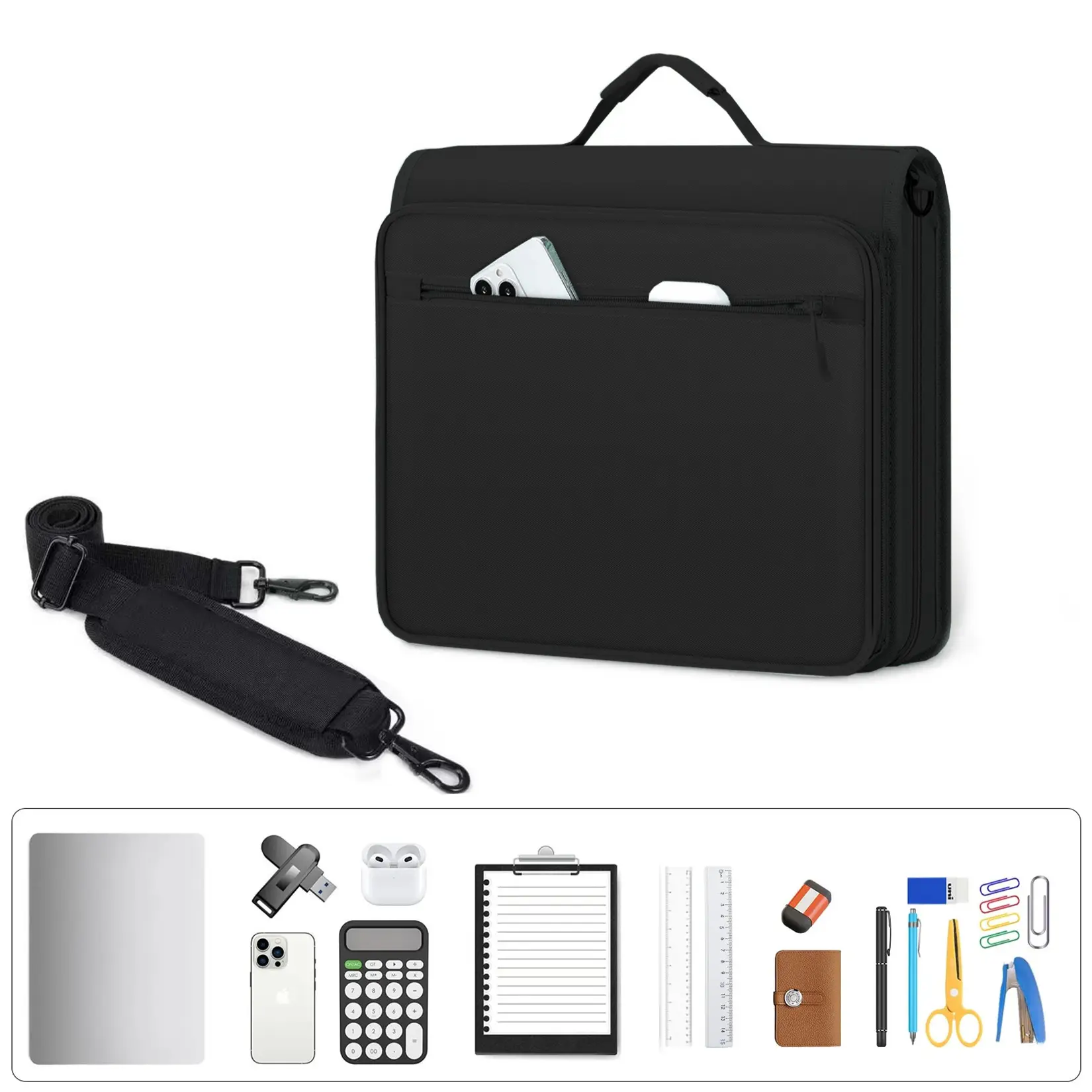 Oxford Fabric Large Capacity Zipper Binder - 3-Ring Document Organizer with Accordion File, Portable Case with Shoulder Strap for School, Office