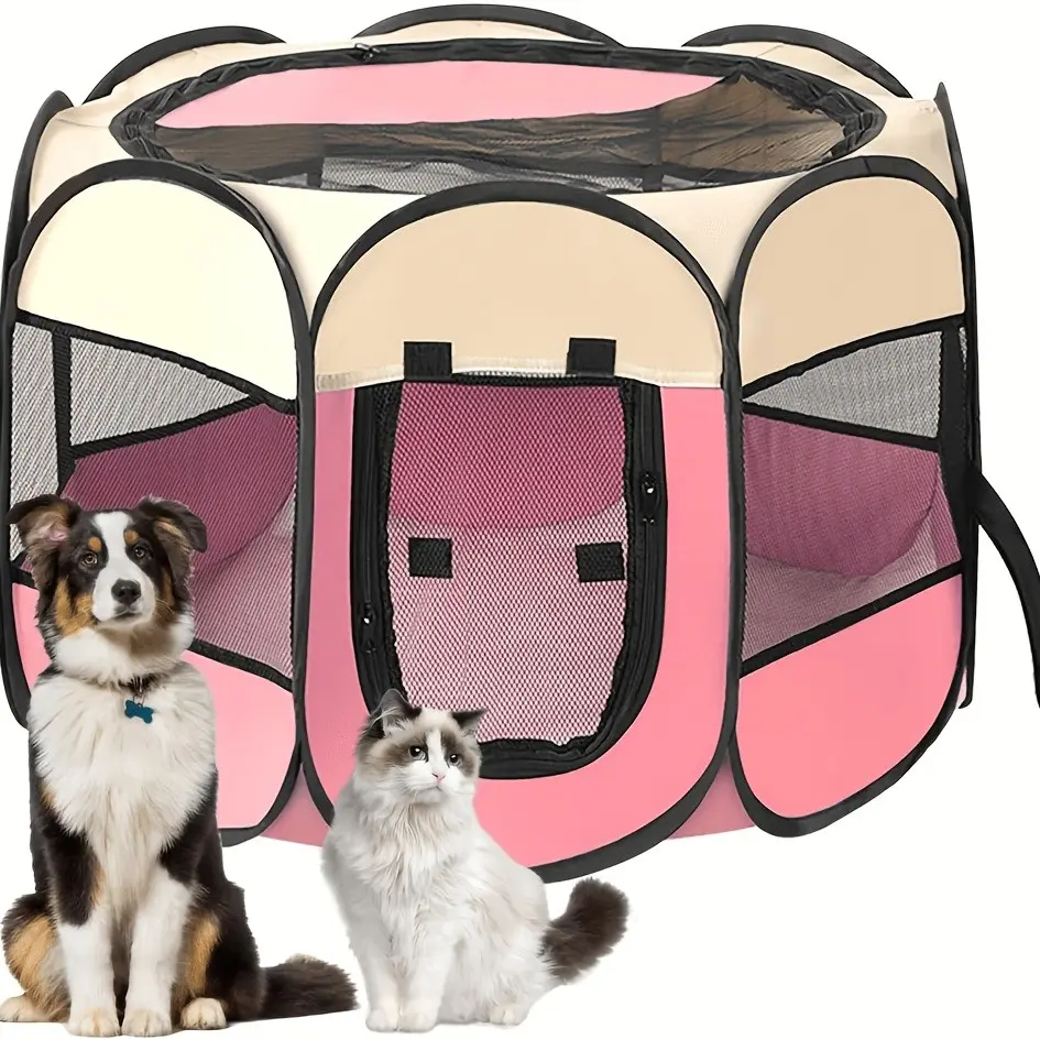 Foldable Pet Fence Enclosure with Roof, Octagonal Grid Design, Lightweight Portable Soft Cage for Small to Large Dogs and Cats, Indoor Outdoor Use