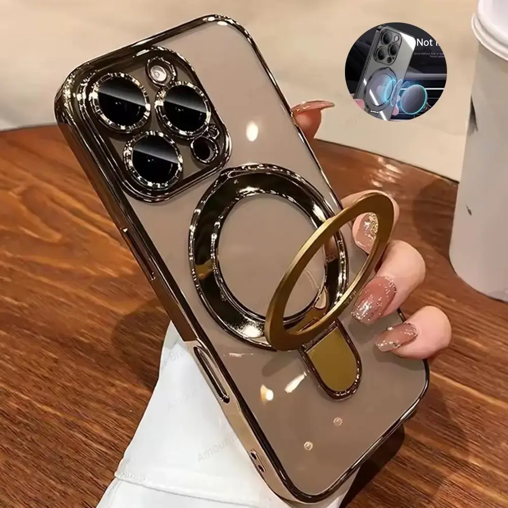 Compatible with iPhone 16,16 Plus,15,15 Plus,14,13,12,11 Pro Max,Clear Acrylic Magnetic Ring Kickstand Shockproof Protective Phone Case HNZ0198